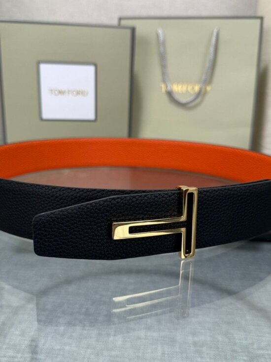 Tom Ford Reversible Black Pebble Leather Orange Lining Gold T Logo Buckle Dress main image 5